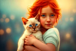 young red haired child lovingly cradles a sweet blue eyed Siamese kitten in her arms, the two of them exuding an air of peace and grace. Modifiers: Award winning photography fantasy oil on canvas photorealistic very attractive dynamic lighting fantastic view ultra detailed cinematic postprocessing VRay neon Iridescent aesthetically perfect facial features Tesselated