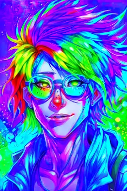 Anime man with glasses, messy rainbow hair, realistic