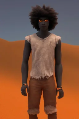 3D render of a cyberpunk tribal young black man, black afro hair, ragged shirt, on a orange dune background, digital art