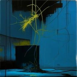 Minimal abstract oil painting of a blue neon plant in concrete warehouse brutalist architecture and hanging wires illuminated at night. With triadic yellow colours. In the style of Justin Mortimer and Phil Hale, Ashley Wood