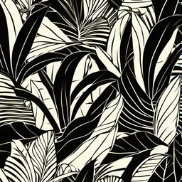 black and white banana leafs wallpaper pattern in vector lines, same line weight