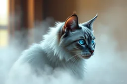 create a mystical Siamese cat with silvery blue and white fur, glowing blue eyes, sitting in soft fog, backlit with subtle moody light, painterly texture and dreamlike atmosphere, calm yet powerful presence --ar 3:2 --v 7 --style raw
