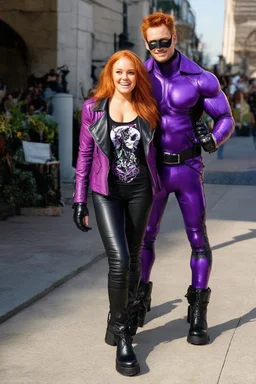 Debby Ryan, smiling, Heavy Metal t-shirt, Black Leather biker's jacket, Black leather pants, Platform boots, midday, bright sunlight, extremely colorful. Big, fluffy hair, Debby Ryan has Auburn Red hair, green eyes, She is standing next to ((THE PHANTOM, an extremely muscular man who wears a one-piece, formfitting purple body suit with tribal designs lightly woven into the fabric. He also wears a cowl, eye mask, black boots, black gloves, double holstered pistol belt