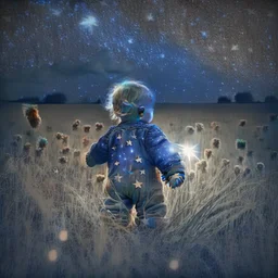 toddler with teddy bear seen on the back in a field at night with lots of stars, looking at an apparition in the sky