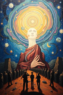 war on consciousness; Post-Modern Celestial Pop Art with surreal elements; Gustav Klimt inspired painting.