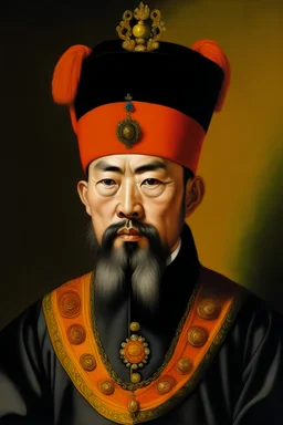 肖像画、六颗珠子在前的黑色官帽、黑色衣服和纁色裙子、高耸的头饰、高鼻梁，鼻翼挺拔、细长的眉毛和眼睛、昂首挺胸、细长胡须、古代中国皇帝