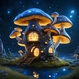 An illogically floating mushroom house on a clear night. white yellow blue, Stars Dark cosmic interstellar. Detailed Matte Painting, deep color, fantastical, intricate detail, splash screen, hyperdetailed, insane depth, concept art, 8k resolution, trending on Artstation, Unreal Engine 5, color depth, backlit, splash art, dramatic, High Quality Whimsical Fun Imaginative Bubbly, perfect composition