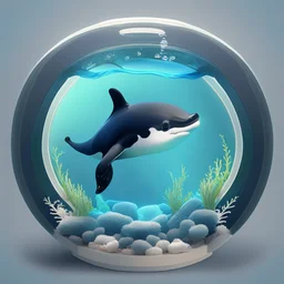 A cute little orca in a small circular fish tank.