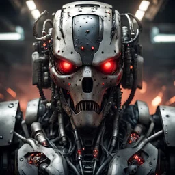 a close up portrait of an evil combat robot. red eyes. photorealistic. lots of greebling; little hoses, lights, and weapon systems. terminator, meets predator, meets alien, meets the matrix, meets the Borg. the lighting should be dark. like it's approaching you from a dark spaceship corridor. it's battle damaged. some burn marks and bullet holes.