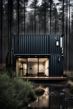 Modern style container home surrounded by a foggy bog. Photograph.