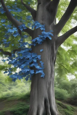 дерево с синей листвой, ствол дерева немного наклонен в сторону