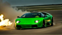green lamborhini murcielago drifting in the smoke --chaos 80 --ar 16:9 --style raw --stylize 700