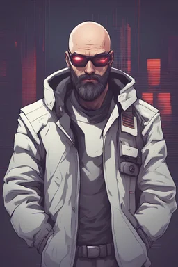 cyberpunk decker character with a bald head and a beard
