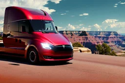 A Tesla 'Semi' (semi truck) is parked, in the 'Grand Canyon National Park'. (CINEMATIC, WIDE ANGLE LENS, PHOTO REAL)