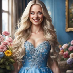 (best quality, 4k, 8k, highres, masterpiece:1.2), ultra-detailed, (realistic, photorealistic, photo-realistic:1.37),hyper realistic, full body gorgeous smiling 1woman,long hair,looking at viewer,realistic proportions,blue eyes,hair ornament,dress,very long hair,flower,blonde hair,parted lips,necklace,white dress,blonde hair,lips,blurry background,freckles,realistic,head wreath, pink flower,realistic portrait, dreamy fantasy landscape,crystal castle behind