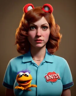 Portrait, waitress woman with monster muppet mask that covers her entire head, retro style, Sesame Street style, sweet, smooth, unreal engine 5, god lights, ray tracing, RTX, lumen lighting, ultra detail, volumetric lighting, 3d.