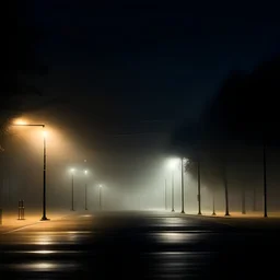 a street at night with identical streetlights lined up and fog
