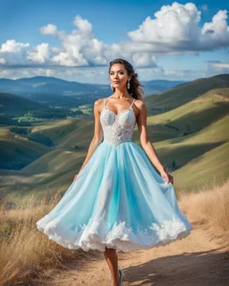 full-body closeup shot of a young, beautiful girl with a perfect face and makeup,wearing pretty dance dress standing in a stage in open air nice hills , blue sky ,pretty clouds at distant