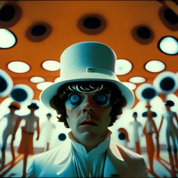 A wonderland of whimsical psicological horror, based on " A Clockwork Orange" movie aesthetic style and general feeling. Retro futurism. Scenes full of wacky characters. Wide frame, Cooke S4 anamorphic 20mm prime lens. Depth of Field, Shutter Speed 1/48, F/18, Daylight White Balance, 32k,Super-Resolution.