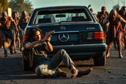 A gritty post-apocalyptic action scene featuring a lone survivor sitting injured on cracked asphalt, leaning against the rear of a bullet-riddled black Mercedes E500 with its back window shattered. The survivor, a rugged young man with long dark hair and a determined expression, aims a handgun toward approaching danger. Surrounding the car are a group of terrifying zombies with decayed skin, tattered clothes, and menacing poses, closing in from all directions. Early morning blue light casts long