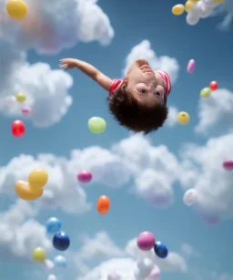 Ultra realistic speed clouds sky scene, wide angle view, child falling down with many Children background, inflatable monsters, circus dress style, feather color, free jumping flying, many trinkets, hair monster, many jelly beans, balls, color smoke, smile, happy, extreme, wind, clouds sea, 20,000 feet altitude, stratosphere, soft color, highly detailed, unreal engine 5, ray tracing, RTX, lumen lighting, ultra detail, volumetric lighting, 3d, finely drawn, high definition.