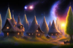 a village in the woods with galaxy sky and wolf