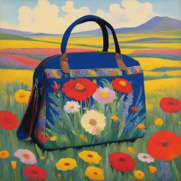 [art by kupka] The Concertina Travel Bag, a mix of a cantina and a musical instrument, in one piece. Folding instructions and design included. Shown in the field of flowers