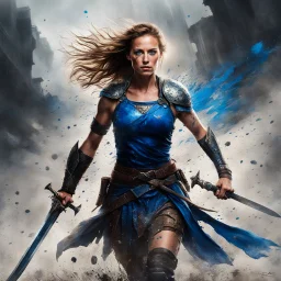 In a riveting display of resilience, a woman warrior’s intense blue eyes run in the battle, awash with the echoes of battle, pierce through the cacophony of war's remnants. Her body, speckled with the freckles of youth and the splatters of conflict, stands as a canvas of courage behind the steel of her raised sword.