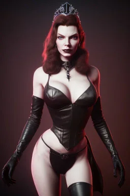 Lauren Bacall as evil queen in black leather, leather, busty, cleavage, angry, stern look. character design by cory loftis, fenghua zhong, ryohei hase, ismail inceoglu and ruan jia. unreal engine 5, artistic lighting, highly detailed, photorealistic, fantasy