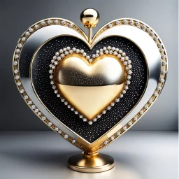 A magnificent golden and silver heart-shaped sign adorned with a stunning golden sphere encrusted with sparkling diamond clusters at its center, elegantly spinning in position.