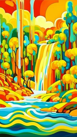 Yellowish orange colored mangroves with a waterfall painted by Wassily Kandinsky