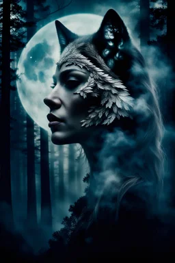 double exposure stunning woman-wolf hybrid portait, forest, moon, smoke, ultra-high detailed, deep dark colors, dark fantasy, intricate detail, cinematic, masterpiece, sharp focus, dark ethereal fantasy, hyperdetailed, atmospheric , dark surreal fantasy