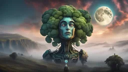 A moon that looks like a happy origin head broccoli above a landscape, a robot in a ragged dress looks up in the distance, fog, and intricate background HDR, 8k, epic colors, fantasy surrealism, in the style of gothoc
