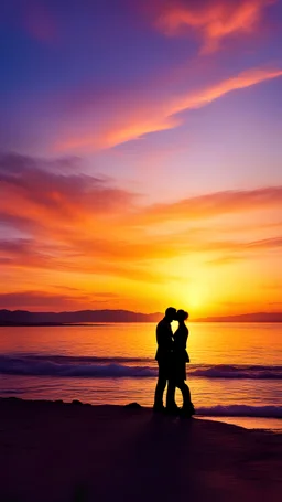 the silhouette of a couple sharing a tender kiss against a vibrant sunset. Highlight the warm tones of the sky and the intimate moment between the two lovers