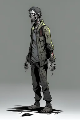zombie, full body, profile ,comic book, post-apocalypse, gray background,