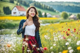 Young woman in flower field in country side ,river, houses