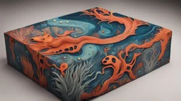 creatures, plants from subanautica from deep sea, drawn on the box, beautiful, river of magma