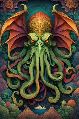 colorful extremely detailed paper art illustration of Cthulhu :: 8K resolution, 3D paper effect, award winning, epic masterpiece, crisp quality
