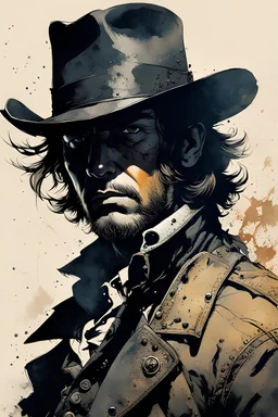 create a portrait of (Billy the Kid), American outlaw and cowboy, in the style of Yoji Shinkawa, Frank frazetta, Mike Mignola, Bill Sienkiewicz, Brian Martel, Jennifer Wildes and Jim Sanders highly detailed facial features, grainy, gritty textures, foreboding, dramatic otherworldly and ethereal lighting and colour