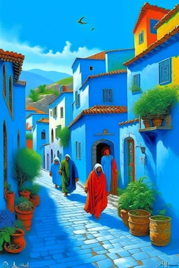 The picturesque Chefchaouen, or Blue City, nestled in the Rif Mountains. Detailed, hyper realistic representation. The narrow winding streets are bathed in various shades of blue, doors, walls, and even the cobblestone pathways. Potted plants add spots of green against the blue backdrop. A few locals are seen going about their day.