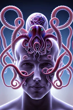 Spiritual being with Tentacles over human Head creating reality around, wrapping Tentacles around Human, Psychedelic