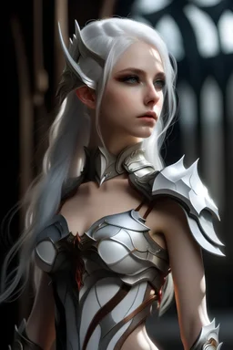 beautiful female elf, white hair, wearing high tech armor, wearing corset, bare shoulder