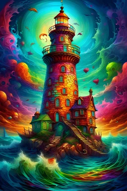 psychedelic lighthouse, consisting of many crooked houses, stacked higgledy-piggledy upon one another, high cyclone-stormy waves. intricate, high definition, colourful, Jacek_Yerka, Lisa_Frank, Andreas_Rocha, Gediminas-Pranckevicius, Alphonse_Mucha,swirling water, splashing water, painting.elegant intricate cinematic lighting very attractive beautiful dynamic lighting colourful shimmering Ultra realistic anatomically correct watery color palette Modifiers: elegant cinematic lighting very attract