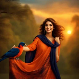 Hyper Realistic photographic-view of a Beautiful-Young-Happy-Pashto-Woman-smiling-with-a-bird-on-his-hand with navy-blue-dress-&-orange-shawl & breeze-whirling in a jungle-with-tall-trees & cloudy-sunset-&-sun-rays showing dramatic & cinematic ambiance