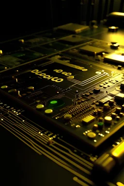 i need the text "dot Electronics and Solutions " written in gold on large pcb with electronics gadgets all around