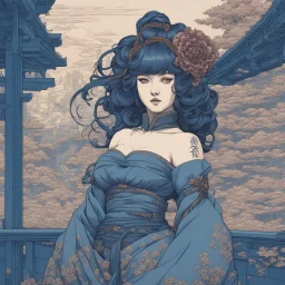 beautiful cyberpunk huge girl, hyperdetailed, illustration by Katsushika Hokusai, darkblue tones,