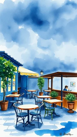 Watercolors painting rough brash style with dark blue cafe with outdoor tables and dark cloudy sky