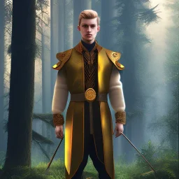 Male, Human, Blond, Sorcerer, Fire Mage, Golden Eyes, Young, Photorealism, Full Body Shot, Forest Background