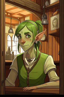 strong tomboy teenage girl who works at a tavern with pointy ears and green skin