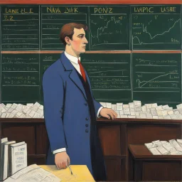 a naive painting of the stock exchange trader in front of the blackboard displaying prices: he underlines the fixing with chalk, thick lines, large areas of flat color, la ligne claire by Kupka